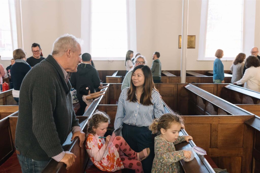 People talking at church